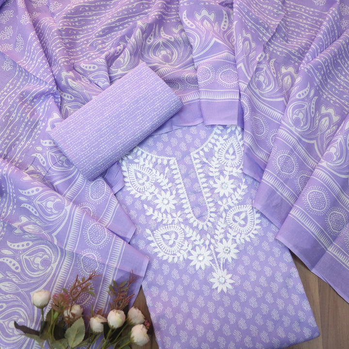 Roopam Heliotrope Lilac Chikankari Inspired Neck Thread Work Printed Cotton Set