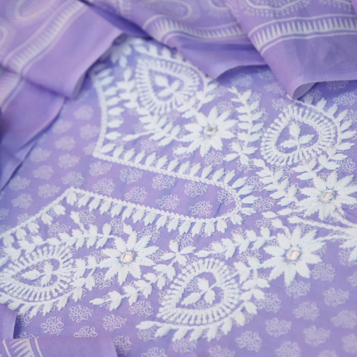 Roopam Heliotrope Lilac Chikankari Inspired Neck Thread Work Printed Cotton Set