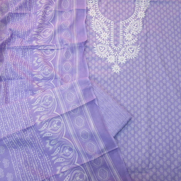 Roopam Heliotrope Lilac Chikankari Inspired Neck Thread Work Printed Cotton Set