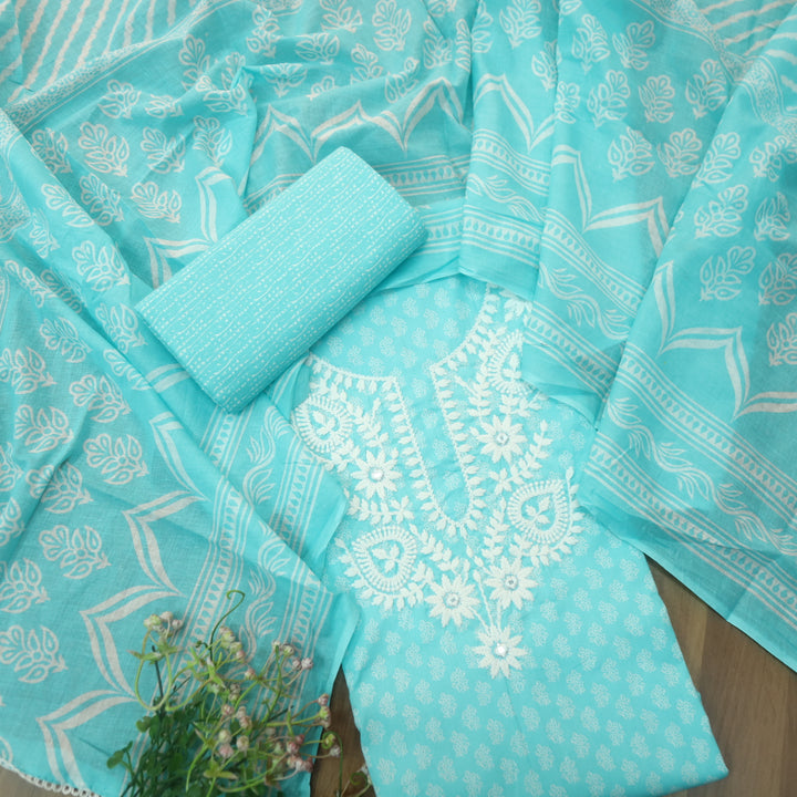 Roopam Cyan Blue Chikankari Inspired Neck Thread Work Printed Cotton Set