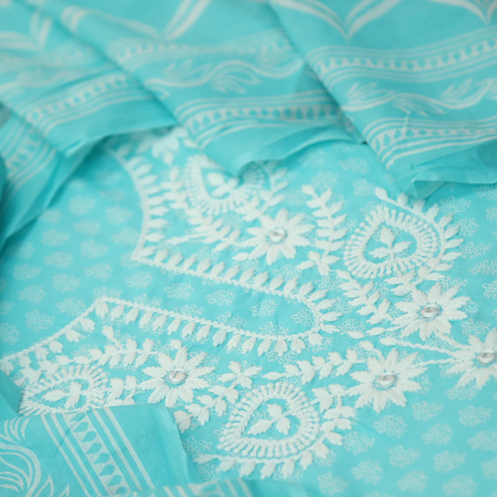 Roopam Cyan Blue Chikankari Inspired Neck Thread Work Printed Cotton Set