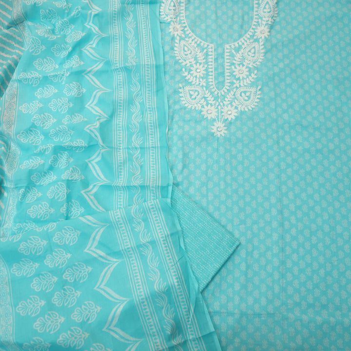 Roopam Cyan Blue Chikankari Inspired Neck Thread Work Printed Cotton Set