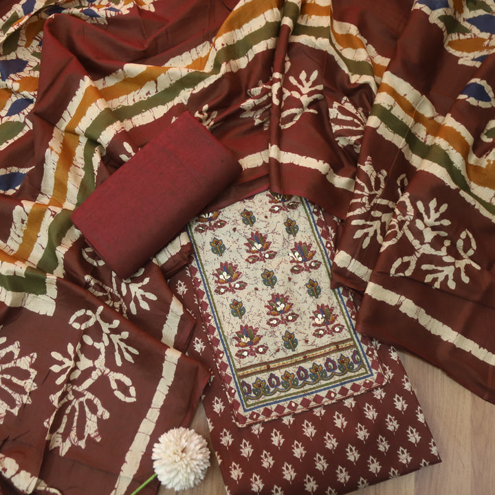 Albeeli Plum Burgundy Kantha Work Patch Neck Work Floral Printed Cotton Suit Set