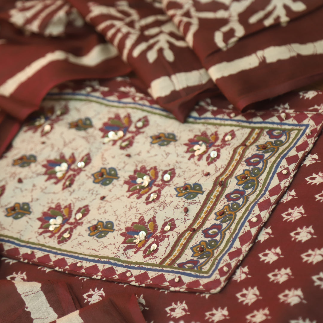 Albeeli Plum Burgundy Kantha Work Patch Neck Work Floral Printed Cotton Suit Set