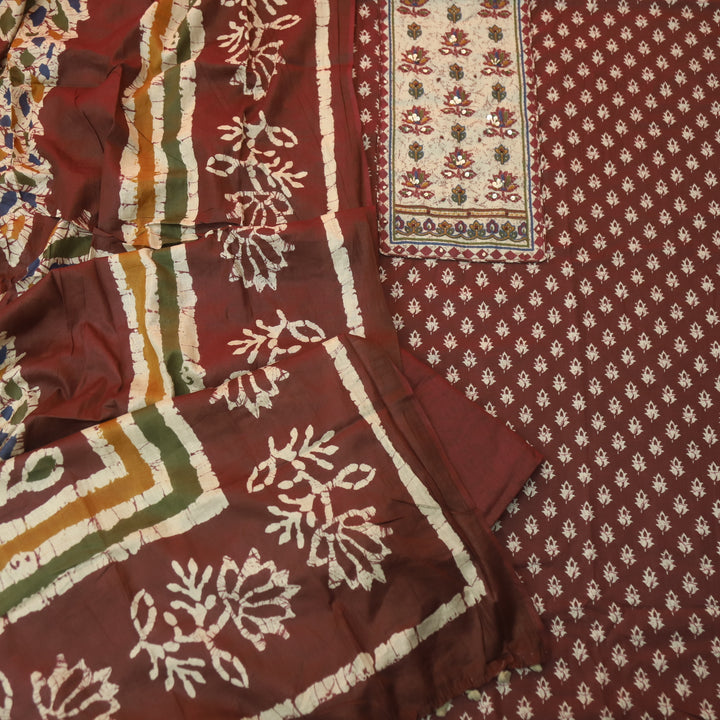 Albeeli Plum Burgundy Kantha Work Patch Neck Work Floral Printed Cotton Suit Set