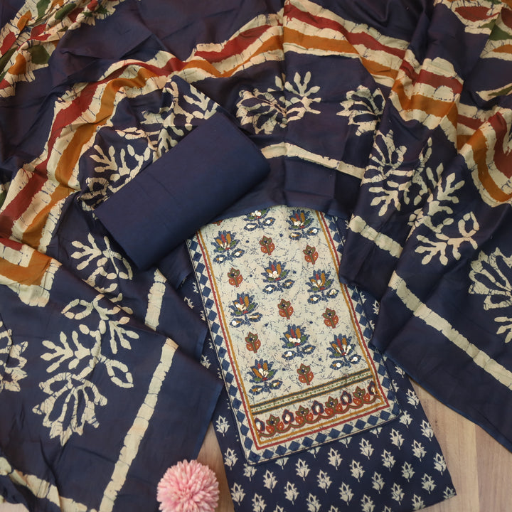 Albeeli Dark Blue Kantha Work Patch Neck Work Floral Printed Cotton Suit Set