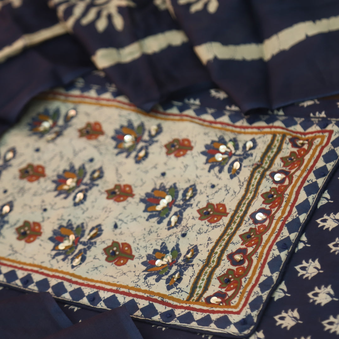 Albeeli Dark Blue Kantha Work Patch Neck Work Floral Printed Cotton Suit Set