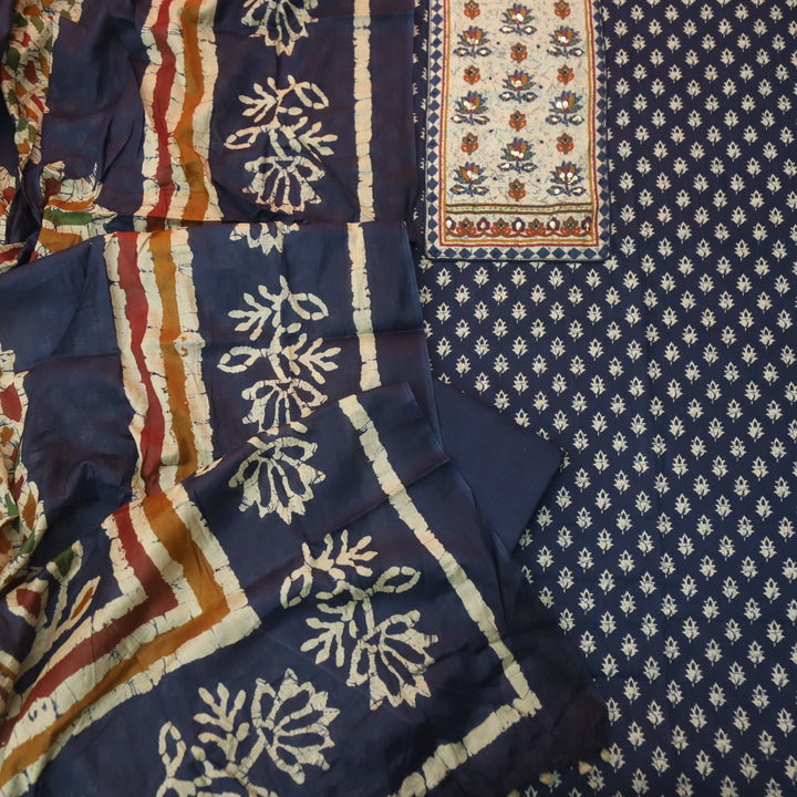 Albeeli Dark Blue Kantha Work Patch Neck Work Floral Printed Cotton Suit Set