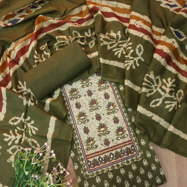 Albeeli Mehendi Green Kantha Work Patch Neck Work Floral Printed Cotton Suit Set