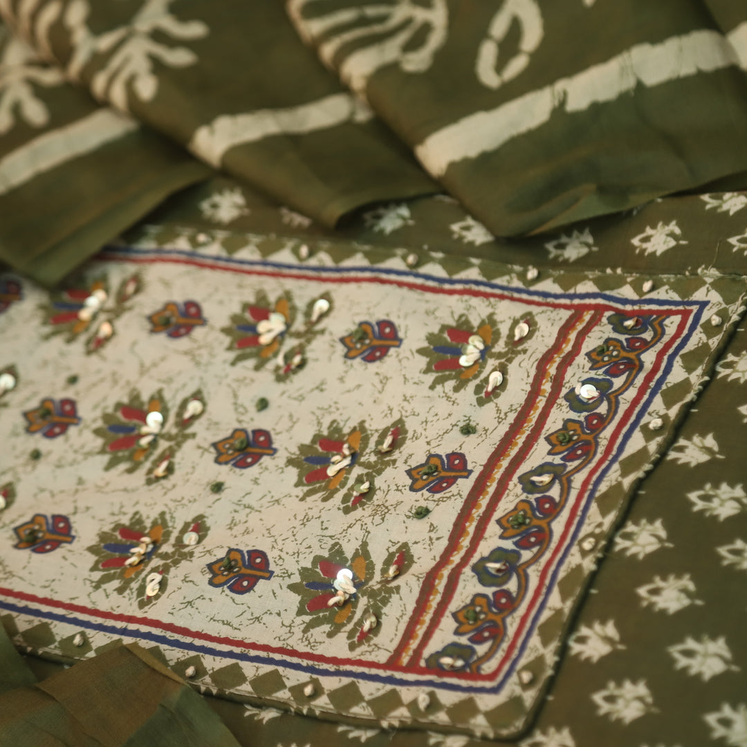Albeeli Mehendi Green Kantha Work Patch Neck Work Floral Printed Cotton Suit Set