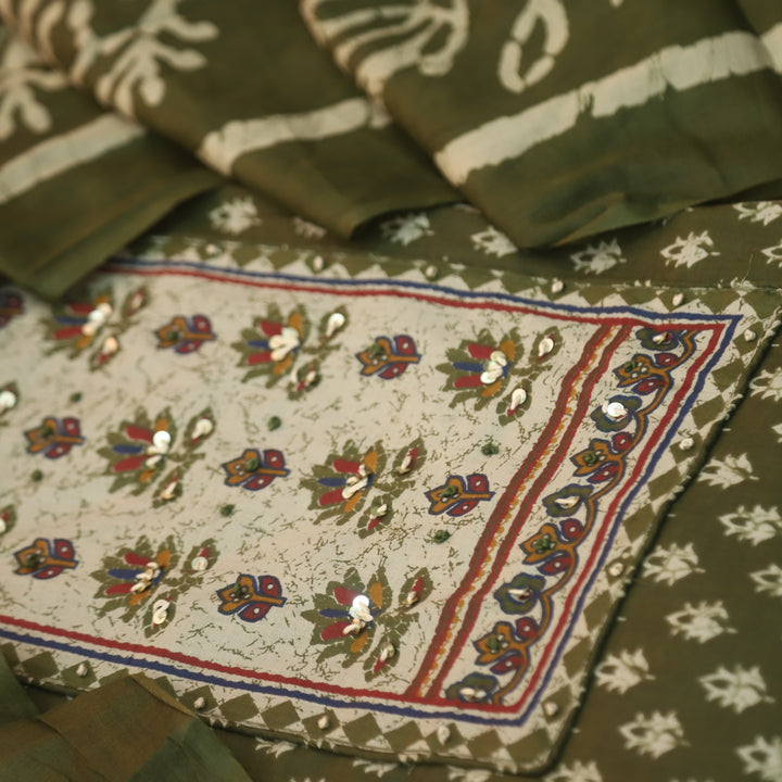 Albeeli Mehendi Green Kantha Work Patch Neck Work Floral Printed Cotton Suit Set