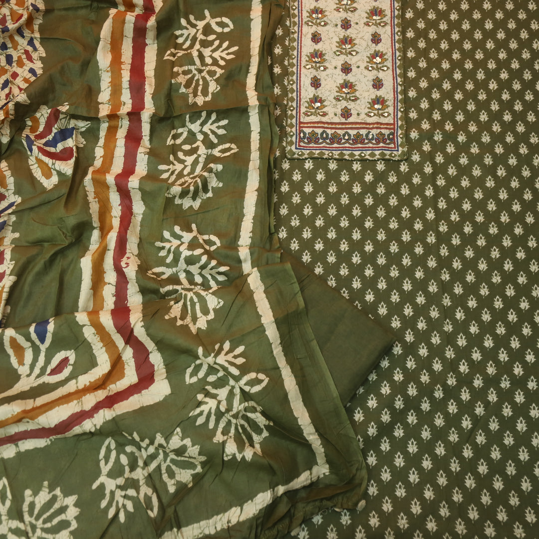 Albeeli Mehendi Green Kantha Work Patch Neck Work Floral Printed Cotton Suit Set