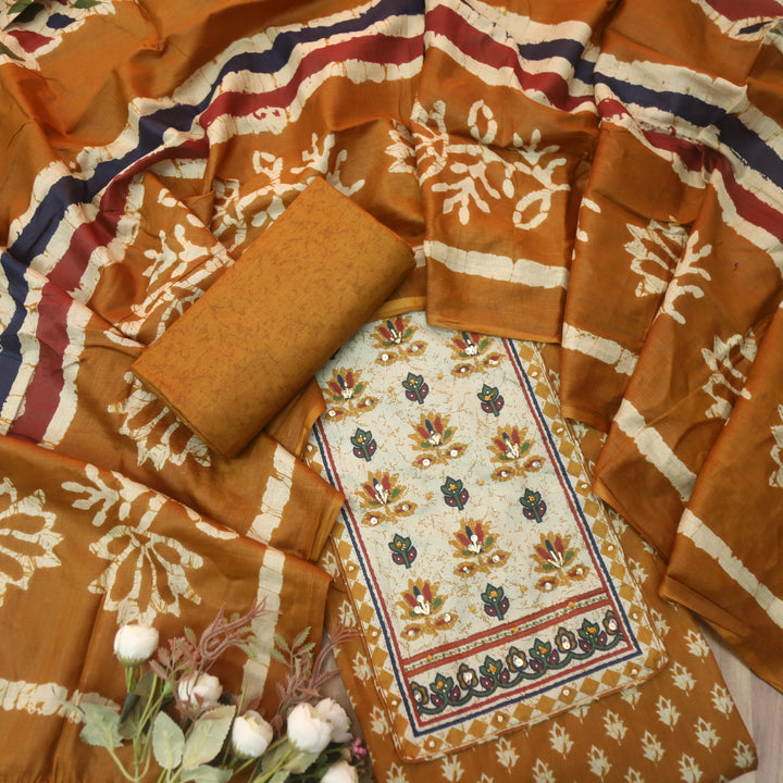 Albeeli Burnt Orange Green Kantha Work Patch Neck Work Floral Printed Cotton Suit Set