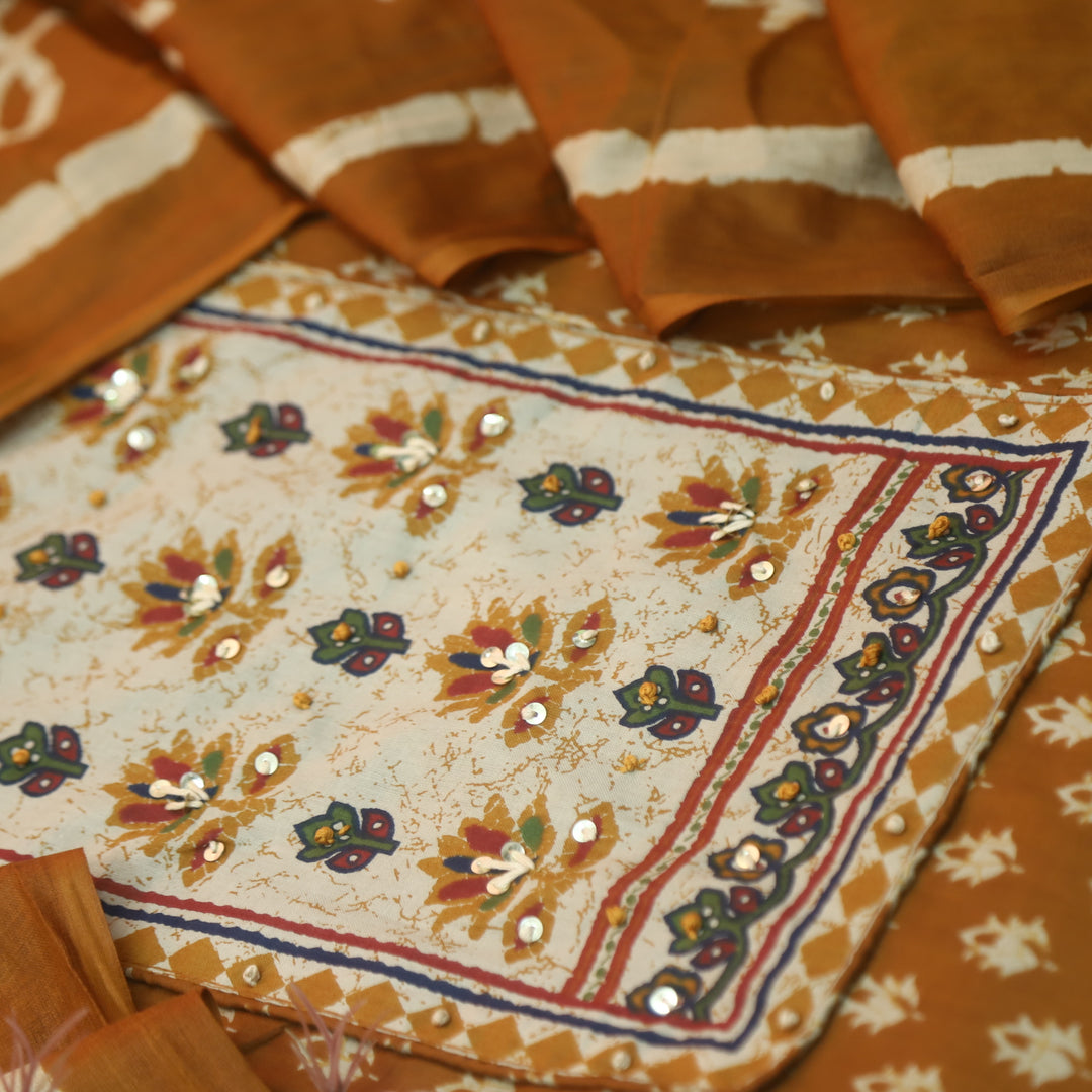 Albeeli Burnt Orange Green Kantha Work Patch Neck Work Floral Printed Cotton Suit Set