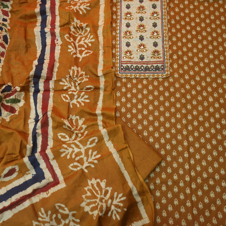 Albeeli Burnt Orange Green Kantha Work Patch Neck Work Floral Printed Cotton Suit Set