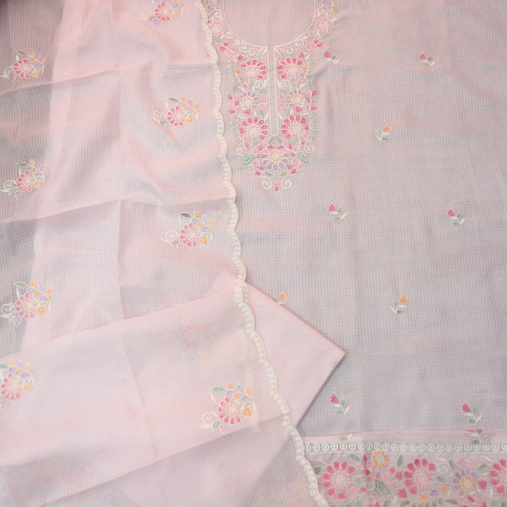 Haseena Soft Pink Floral Embroidered Neck with Moti Work Kota Doriya Set