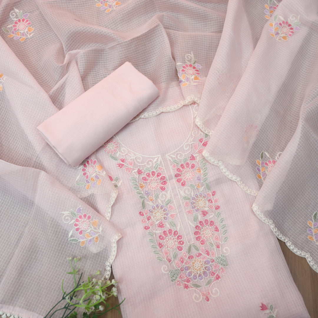 Haseena Soft Pink Floral Embroidered Neck with Moti Work Kota Doriya Set