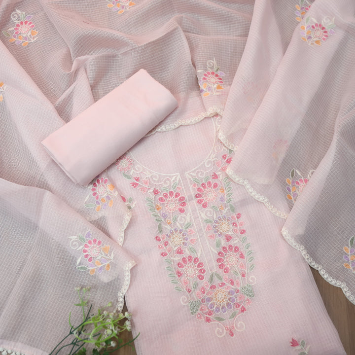 Haseena Soft Pink Floral Embroidered Neck with Moti Work Kota Doriya Set