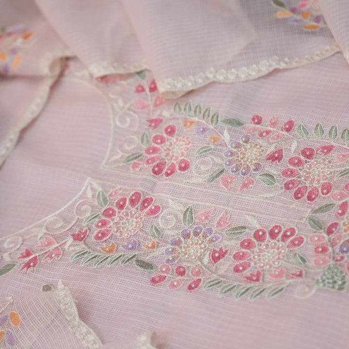 Haseena Soft Pink Floral Embroidered Neck with Moti Work Kota Doriya Set