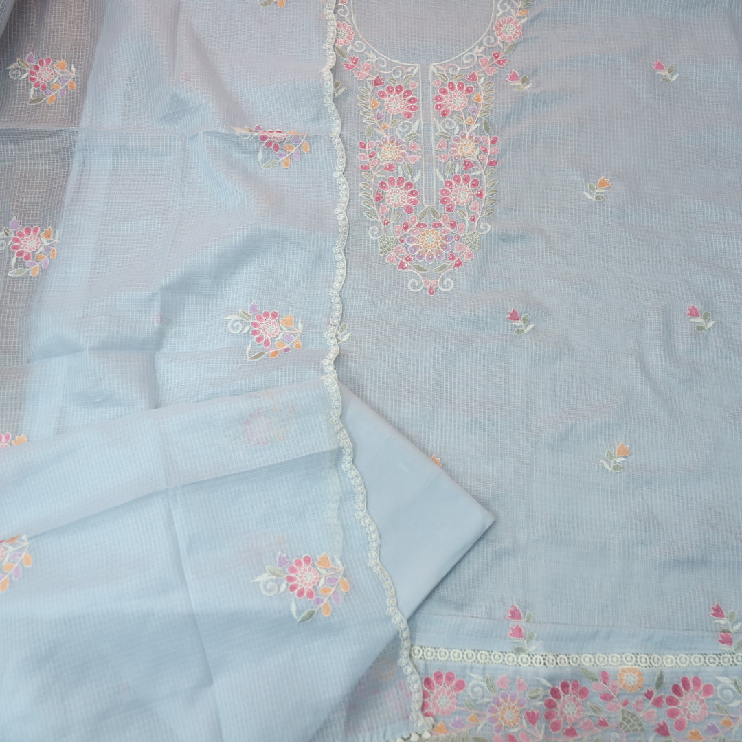 Haseena Powder Blue Floral Embroidered Neck with Moti Work Kota Doriya Set