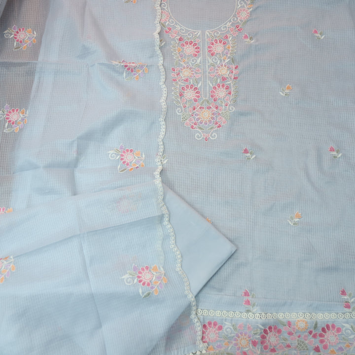 Haseena Powder Blue Floral Embroidered Neck with Moti Work Kota Doriya Set