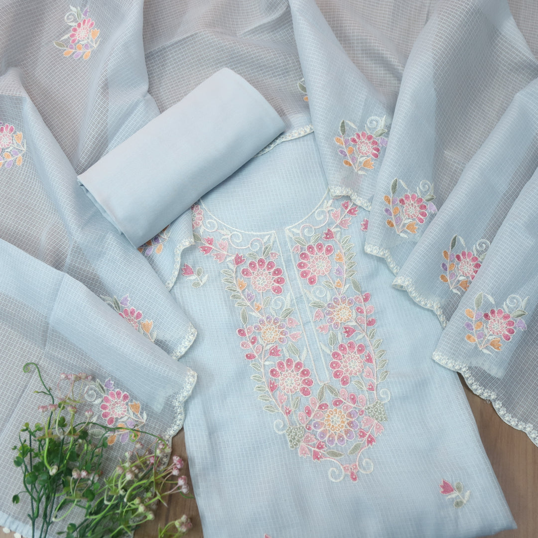 Haseena Powder Blue Floral Embroidered Neck with Moti Work Kota Doriya Set
