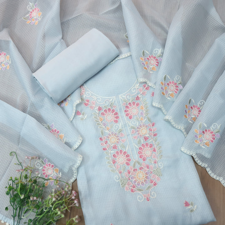 Haseena Powder Blue Floral Embroidered Neck with Moti Work Kota Doriya Set
