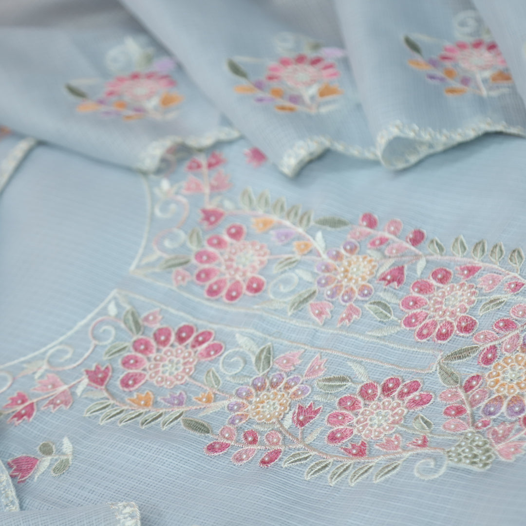 Haseena Powder Blue Floral Embroidered Neck with Moti Work Kota Doriya Set
