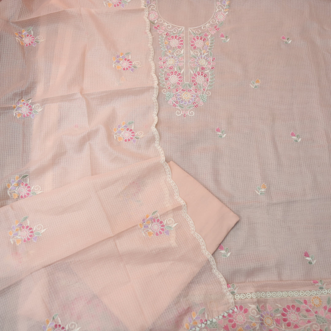 Haseena Crayola Peach Floral Embroidered Neck with Moti Work Kota Doriya Set