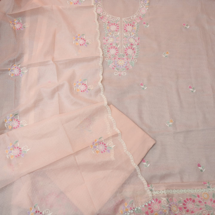 Haseena Crayola Peach Floral Embroidered Neck with Moti Work Kota Doriya Set