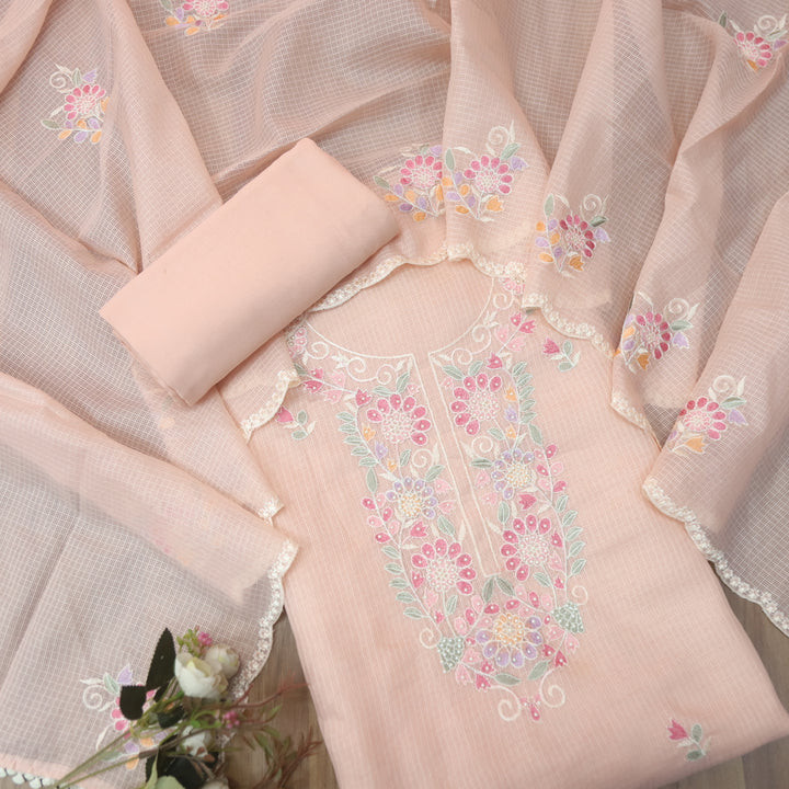 Haseena Crayola Peach Floral Embroidered Neck with Moti Work Kota Doriya Set