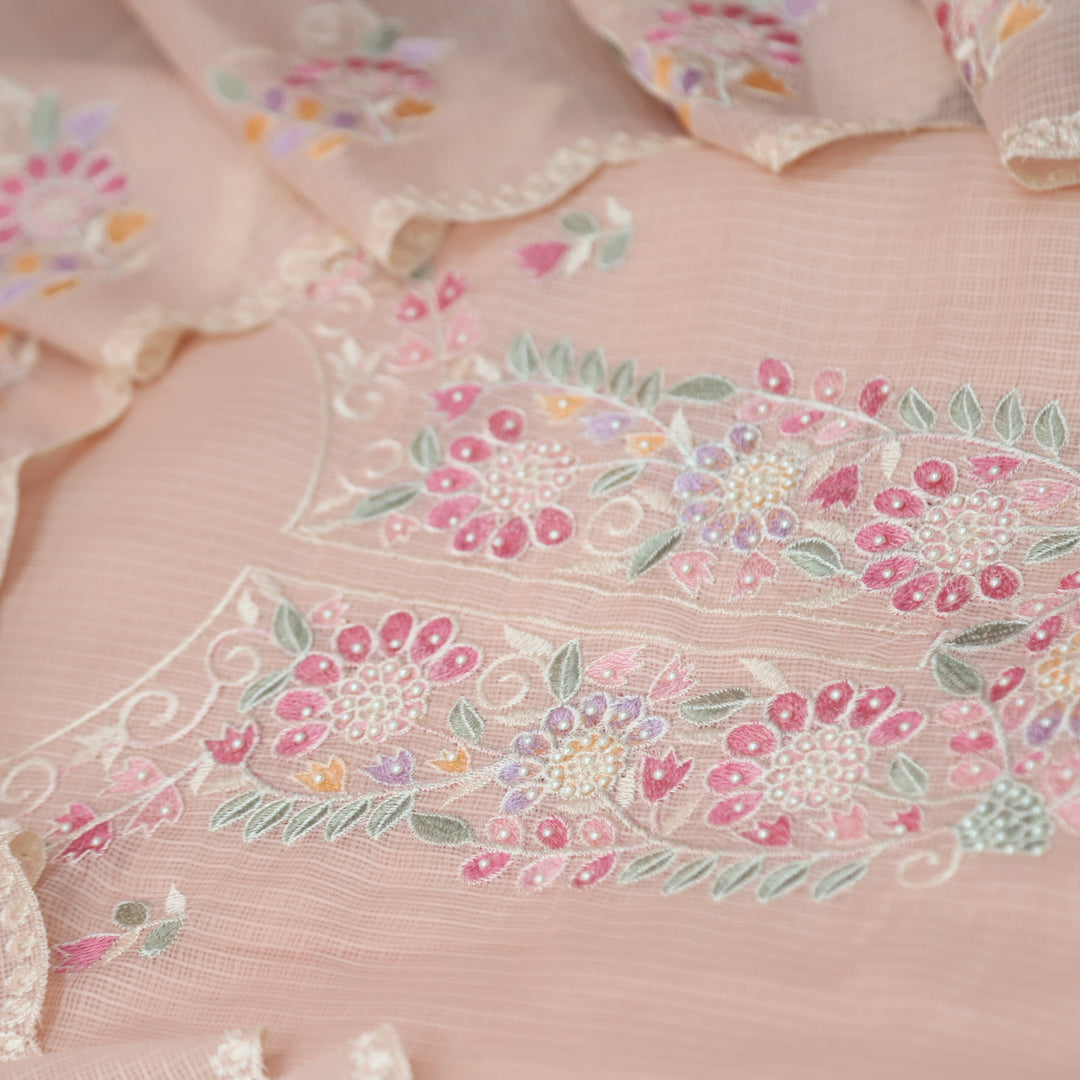 Haseena Crayola Peach Floral Embroidered Neck with Moti Work Kota Doriya Set