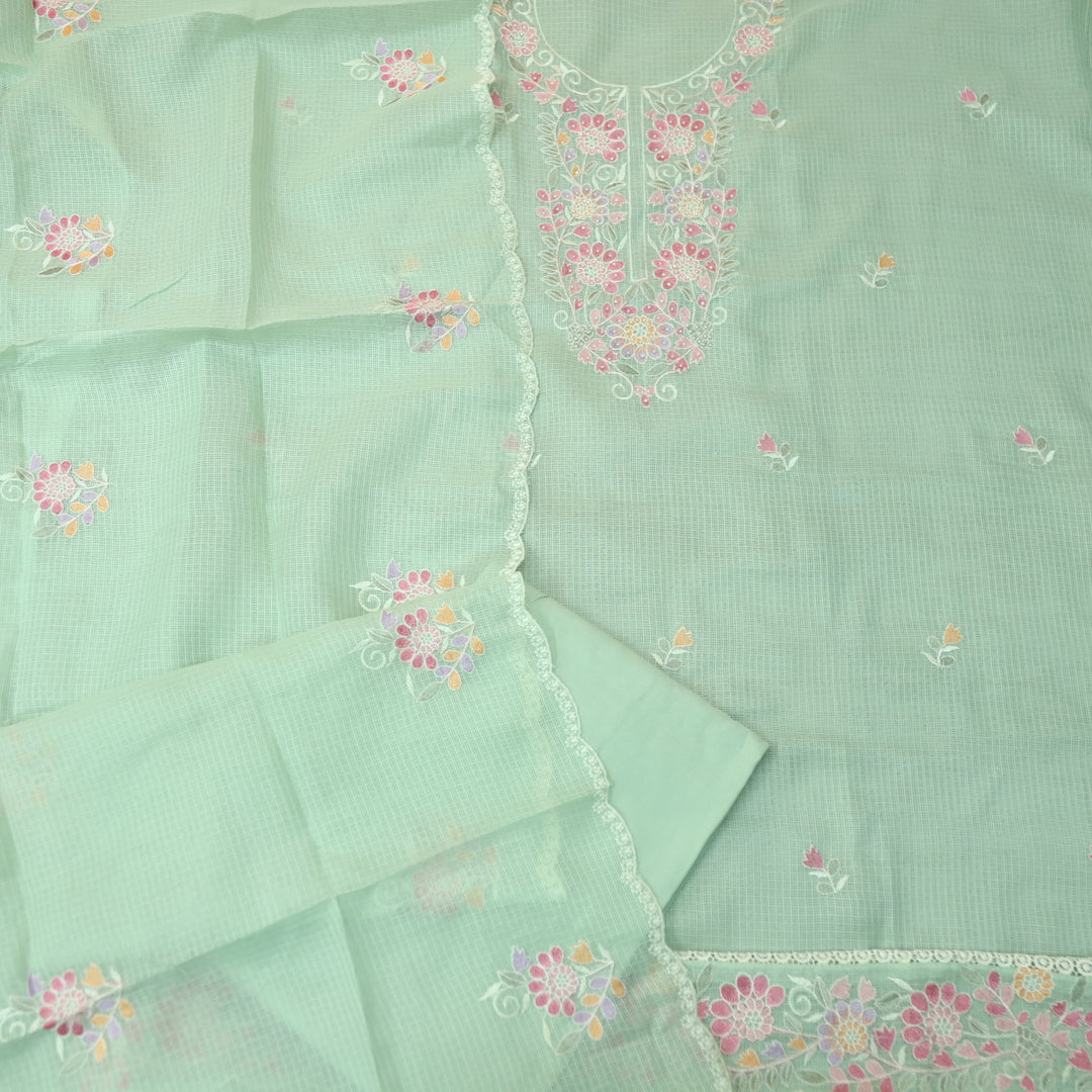 Haseena Mohito Mint Floral Embroidered Neck with Moti Work Kota Doriya Set