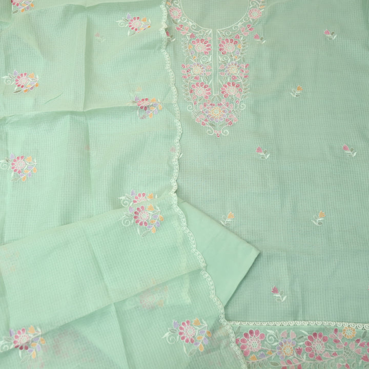 Haseena Mohito Mint Floral Embroidered Neck with Moti Work Kota Doriya Set