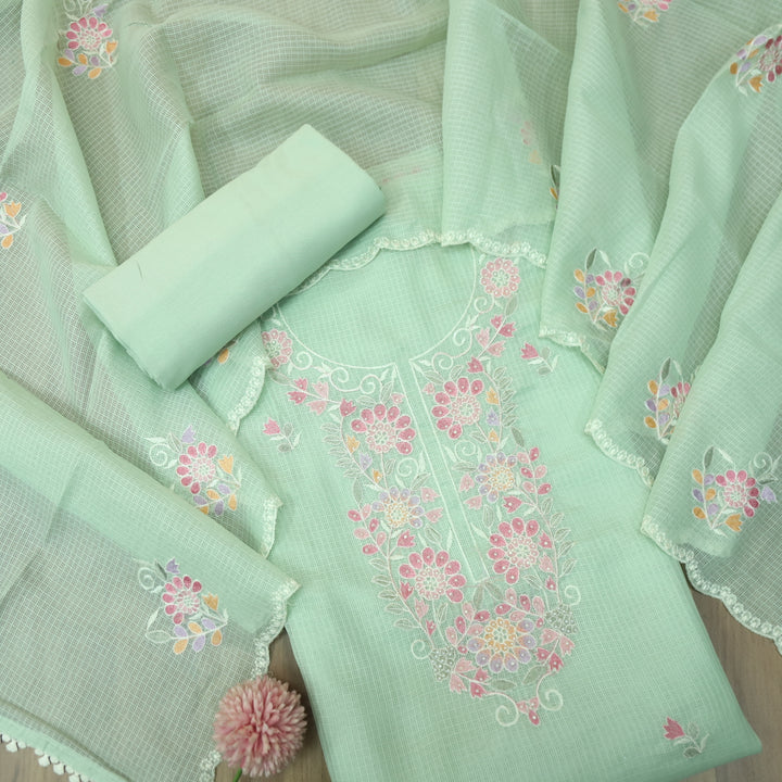 Haseena Mohito Mint Floral Embroidered Neck with Moti Work Kota Doriya Set