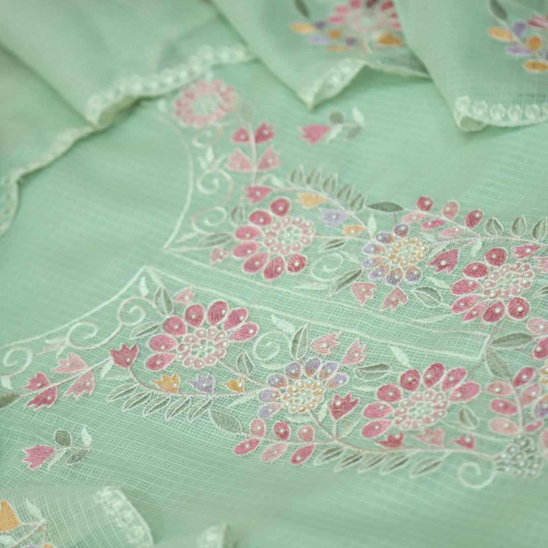 Haseena Mohito Mint Floral Embroidered Neck with Moti Work Kota Doriya Set