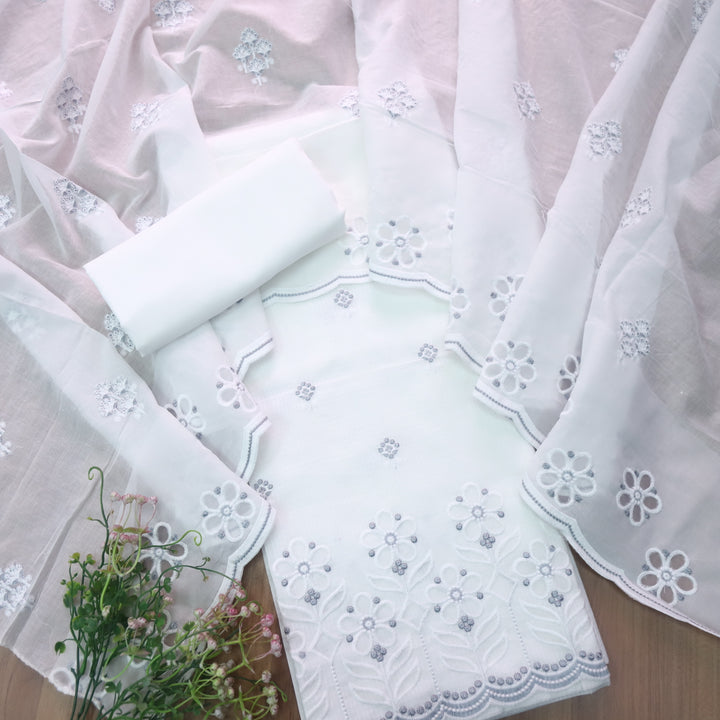 Meherba White with Gray Embroidery Buti Cut Work Hem Kota Doriya Set