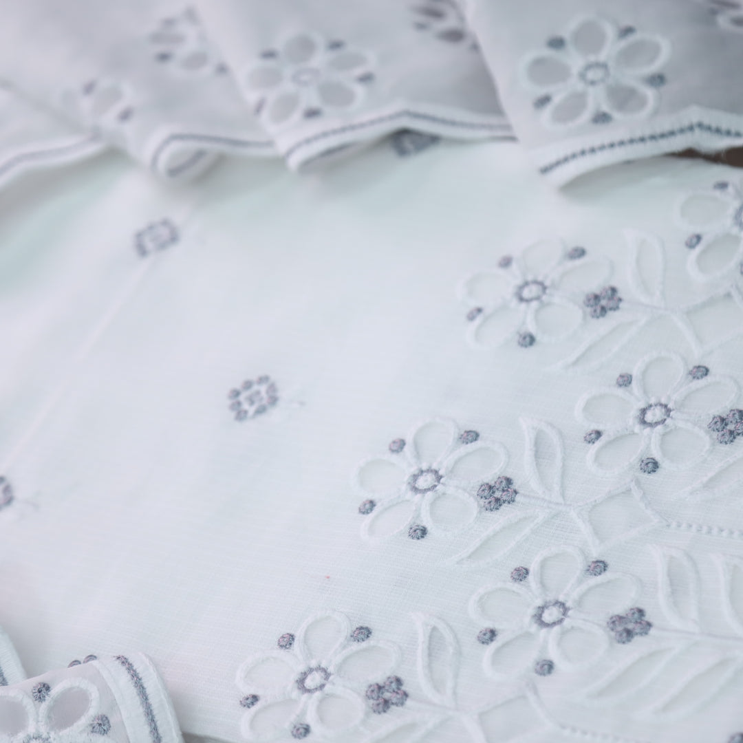 Meherba White with Gray Embroidery Buti Cut Work Hem Kota Doriya Set