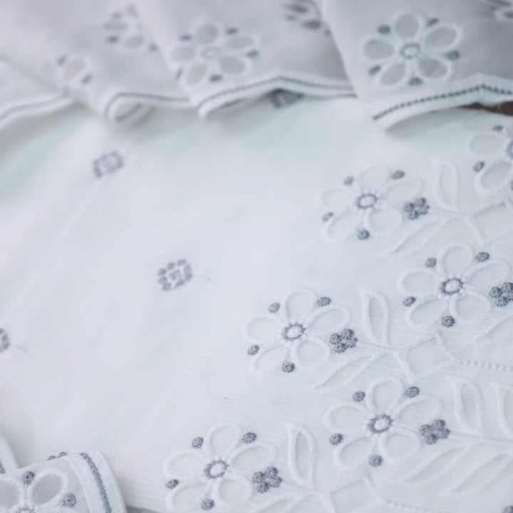 Meherba White with Gray Embroidery Buti Cut Work Hem Kota Doriya Set