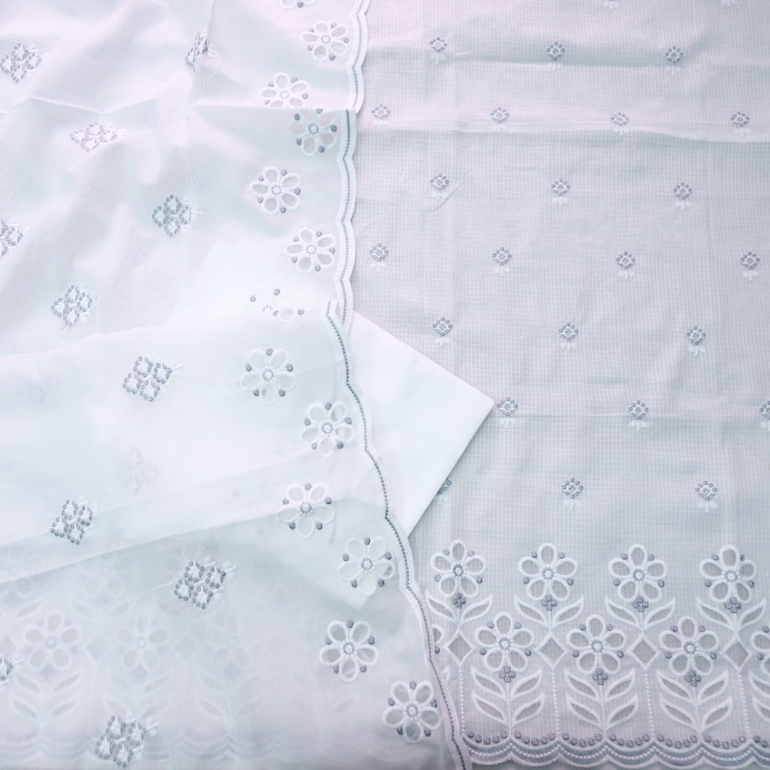 Meherba White with Gray Embroidery Buti Cut Work Hem Kota Doriya Set