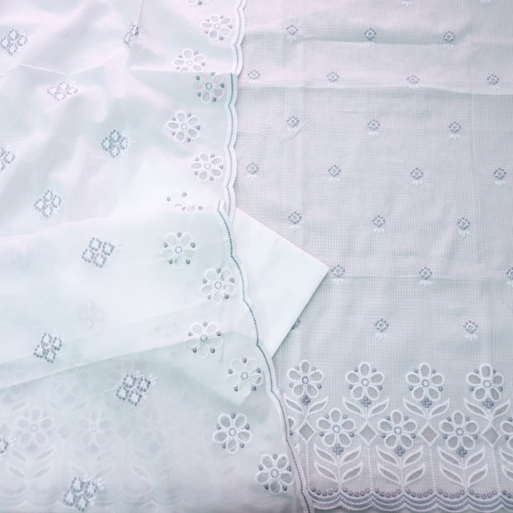 Meherba White with Gray Embroidery Buti Cut Work Hem Kota Doriya Set