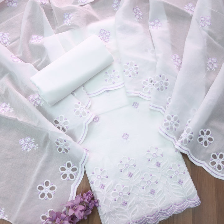 Meherba White with Purple Embroidery Buti Cut Work Hem Kota Doriya Set