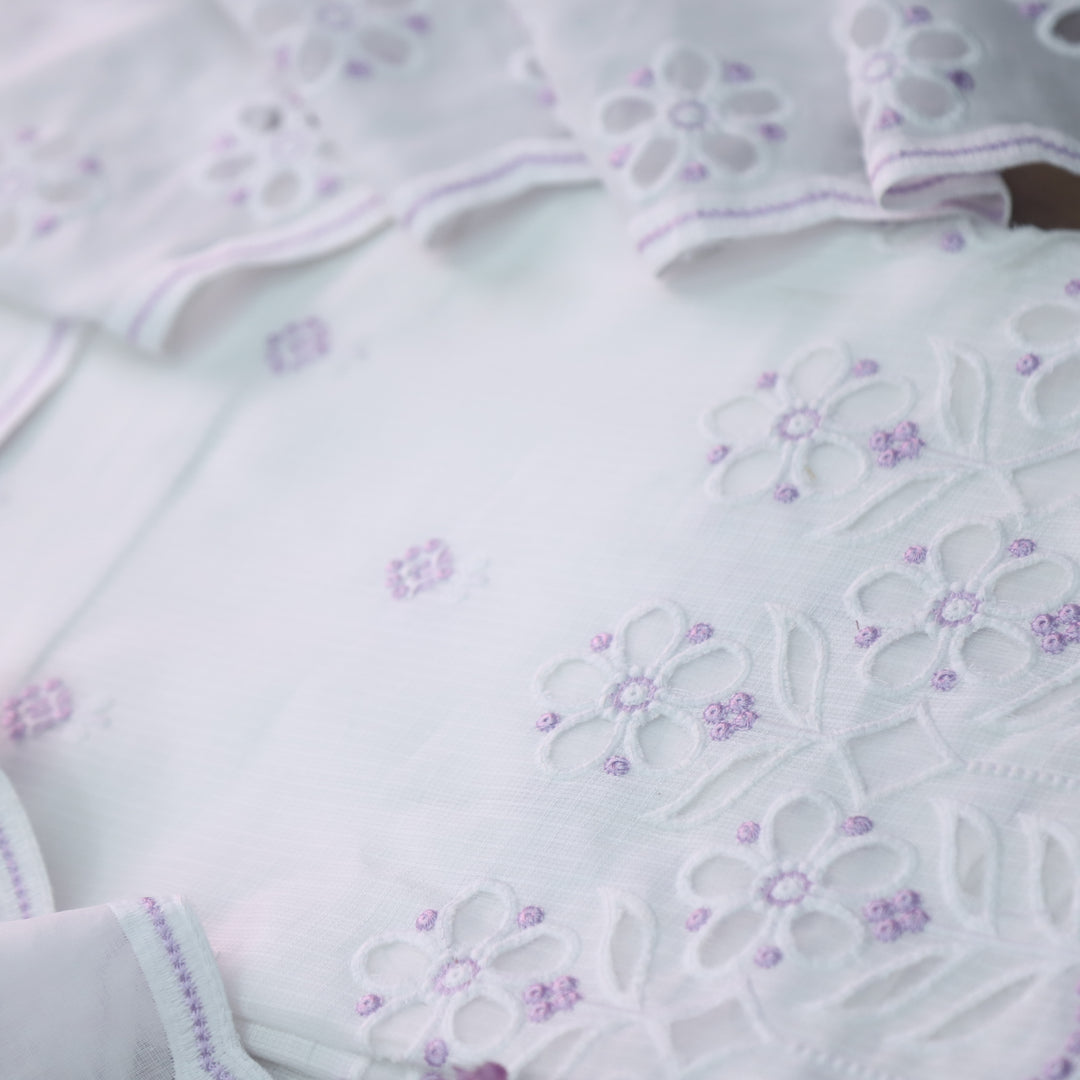 Meherba White with Purple Embroidery Buti Cut Work Hem Kota Doriya Set