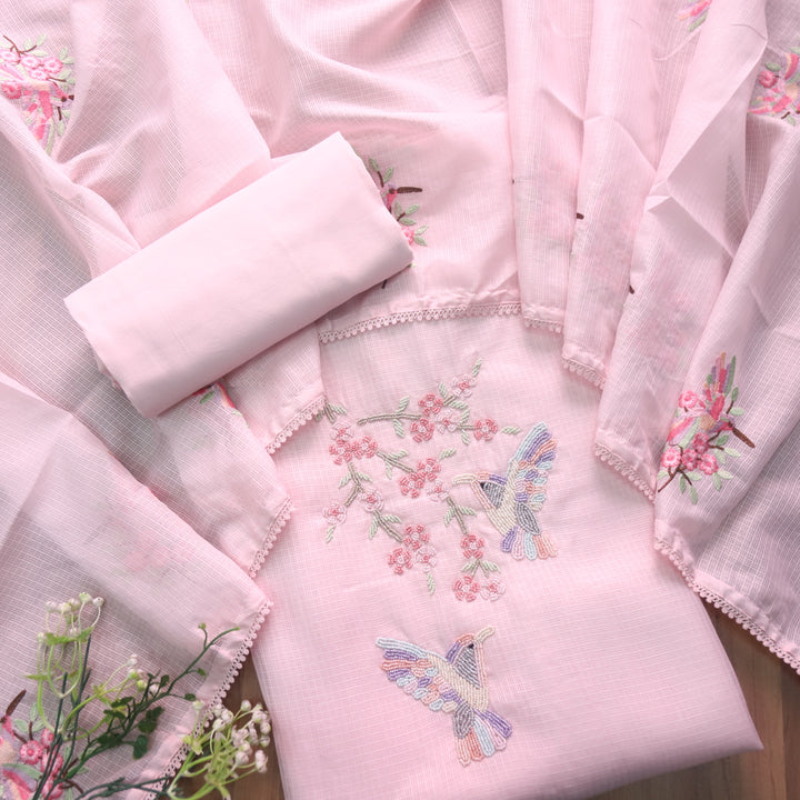 Neelbarri Candy Pink Bird Style Moti Work Neck Kota Doriya Suit Set