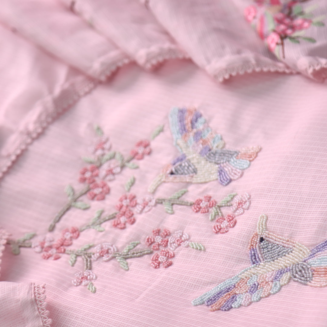 Neelbarri Candy Pink Bird Style Moti Work Neck Kota Doriya Suit Set