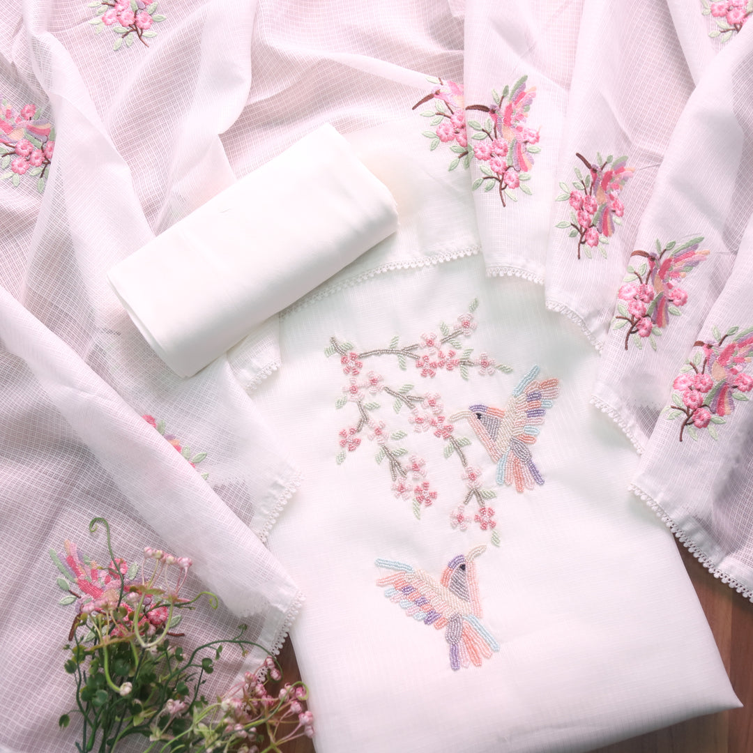 Neelbarri Pearl White Bird Style Moti Work Neck Kota Doriya Suit Set