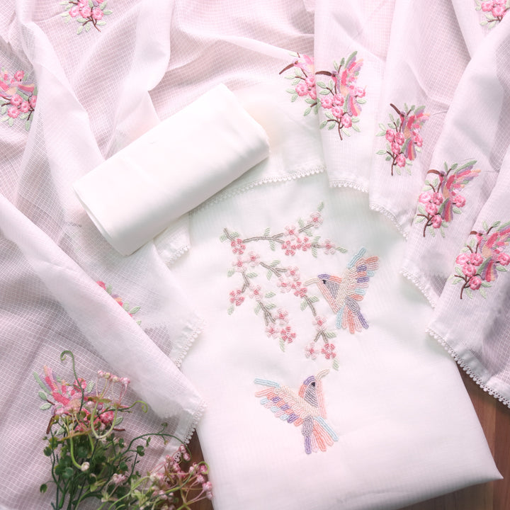 Neelbarri Pearl White Bird Style Moti Work Neck Kota Doriya Suit Set