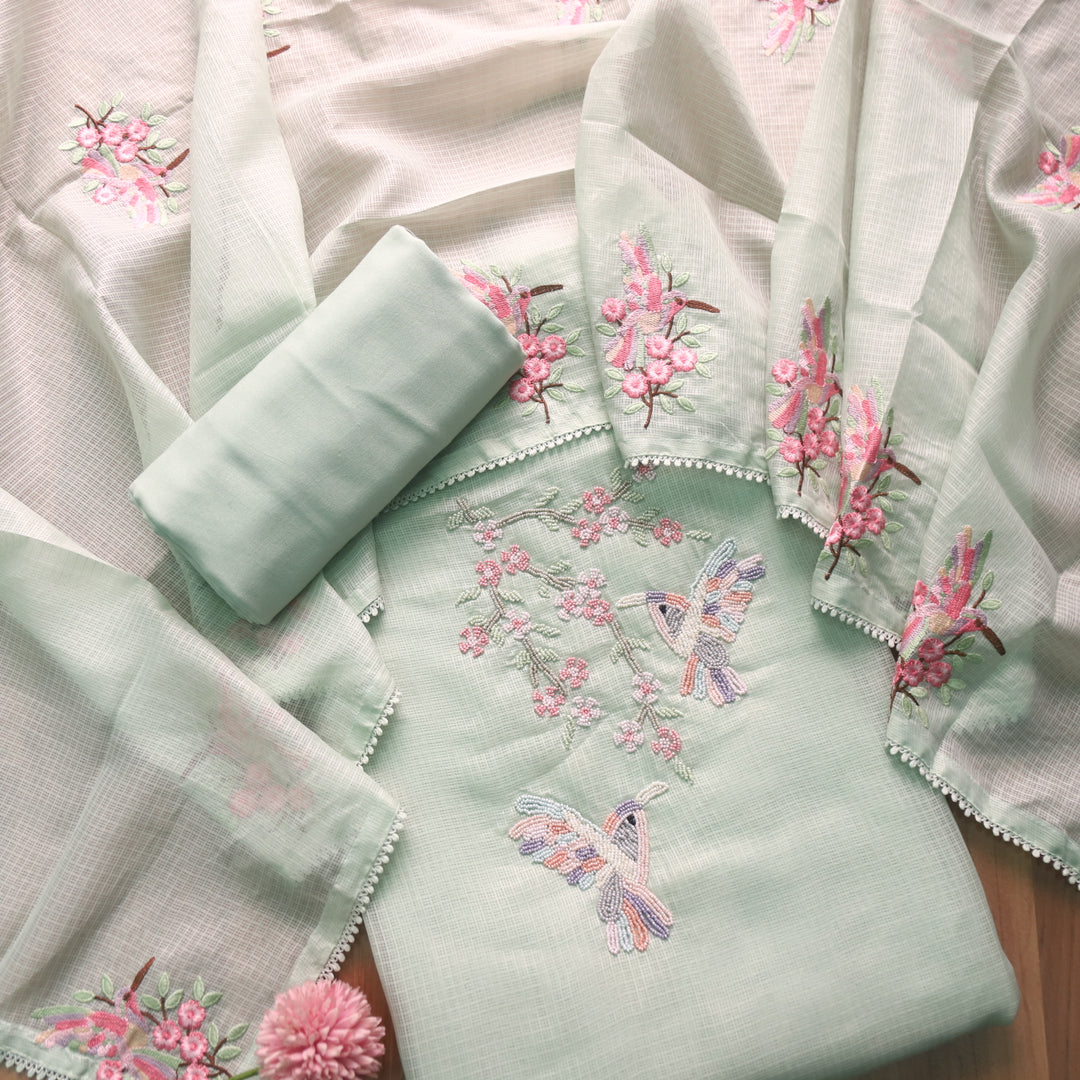 Neelbarri Castle Green Bird Style Moti Work Neck Kota Doriya Suit Set