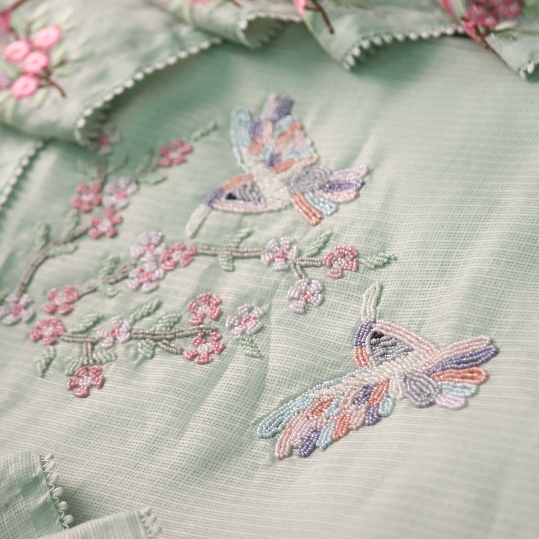Neelbarri Castle Green Bird Style Moti Work Neck Kota Doriya Suit Set