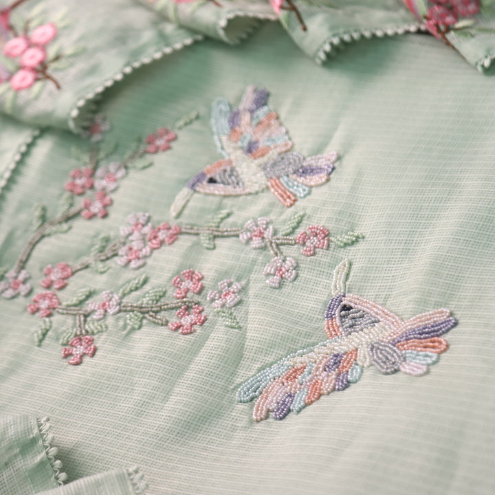 Neelbarri Castle Green Bird Style Moti Work Neck Kota Doriya Suit Set